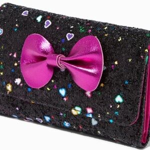 Claire’s Black Glitter Clutch with Pink Bow